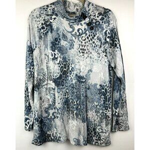 Chicos‎ Women's Top 2 US Large Blue White Long Sleeve Stretch Pullover Paisley